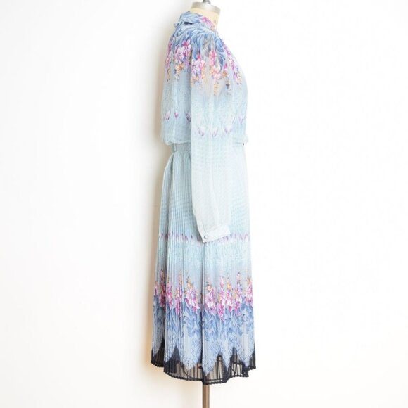 vintage 80s dress blue floral border print secretary belted pleated midi L - Picture 8 of 13